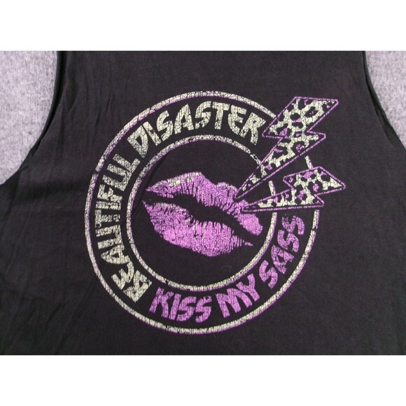 Beautiful Disaster Tank Top Women Large Black Shredded Back Lip Kiss My Sass - Picture 2 of 9